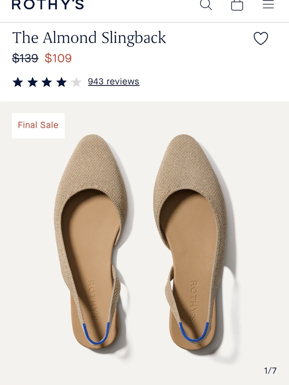 Rothy's Almond Slingback in Prosecco